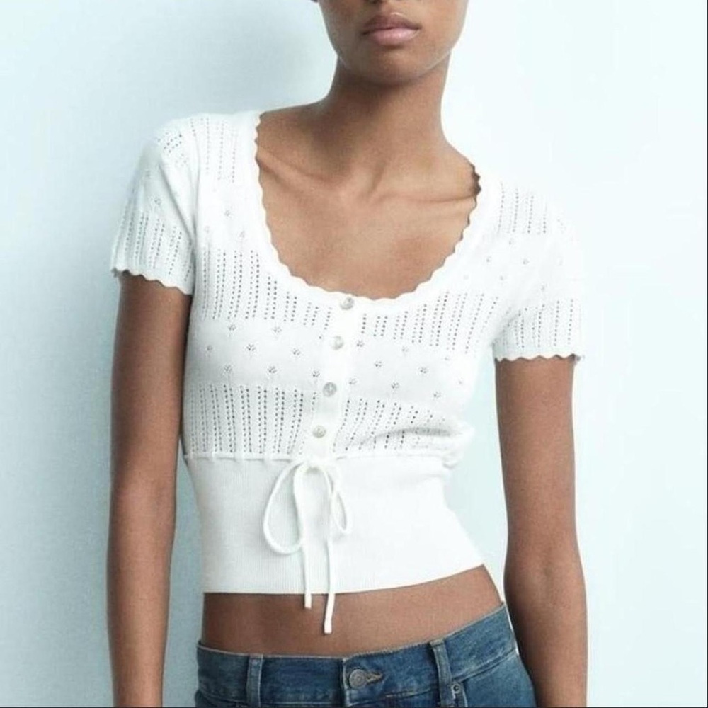 Zara White Cropped Ribbed Blouse